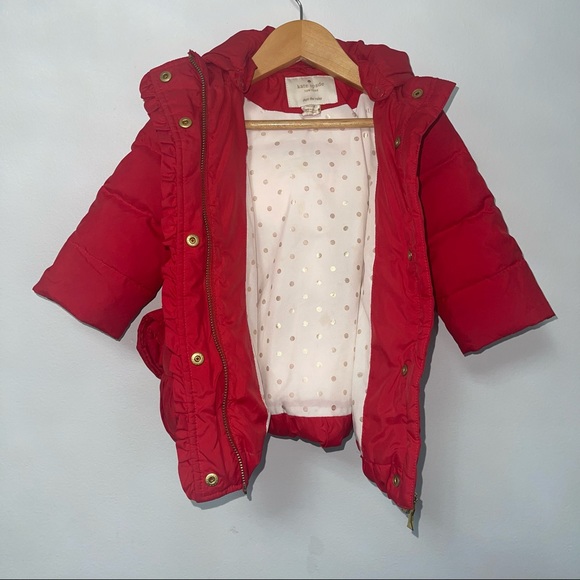 Kate Spade New York Red Puffer Hooded Jacket W/ Flower/ Rose Belt &Gold Hardware - Picture 11 of 16